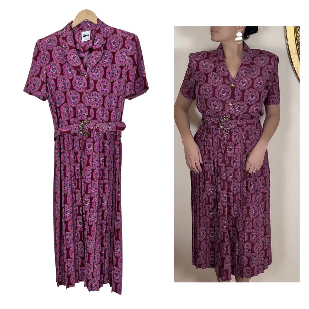 Vintage 90s Dress Pink Floral Pleated Shirtdress Fancy Gold Details Size 8